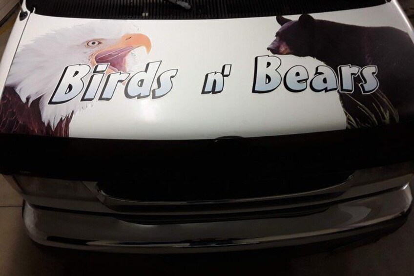 A vehicle with a decal of an eagle and a bear, and the text 'Birds 'n' Bears.' 4