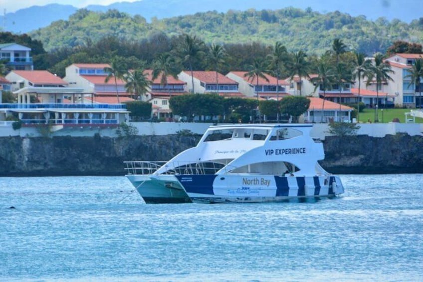 A white and blue boat named 'North Bay' with 'VIP EXPERIENCE' written on it, floating on water with a coastal town in the background. 1