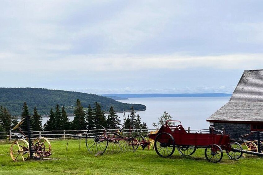 A red horse-drawn carriage parked on grass with a scenic view of a lake and mountains in the background. 5