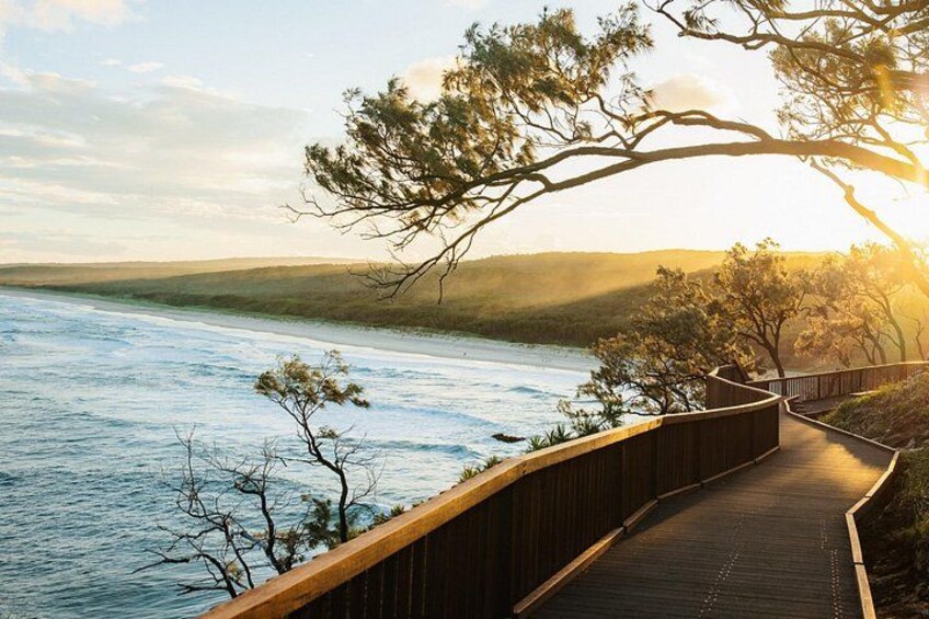 A wooden boardwalk along a body of water with trees and hills in the background. 5