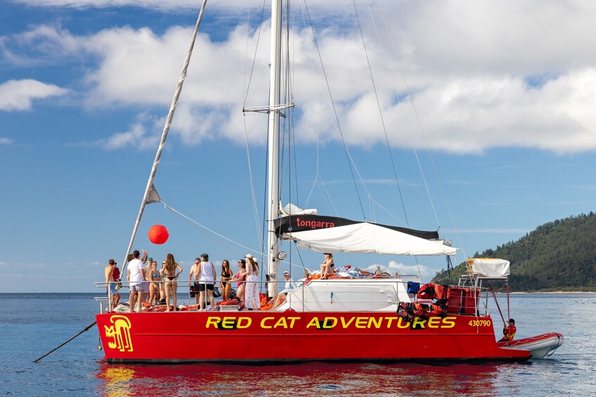 Punainen katamaraanivene, jonka kylkeen on maalattu teksti ”RED CAT ADVENTURES” ja numero ”430790”, lipuu tyynellä merellä. Taivaalla on kirkkaat pilvettömät maisemat, ja taustalla näkyy metsäinen saari. 1