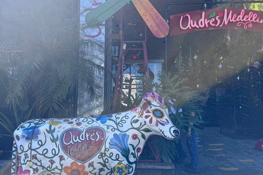 A decorative cow with floral patterns and the name 'Audres Medellin' in front of a building. 4