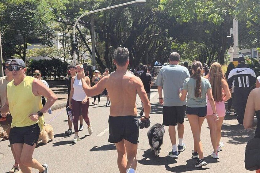 A group of people jogging on a tree-lined street. 5