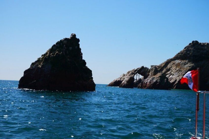 A rocky coastline with a flag in the foreground. 4