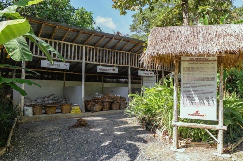 A rural setting with a thatched-roof structure labeled 'POG Fiber Shed,' surrounded by agricultural products and a signboard with information. 3