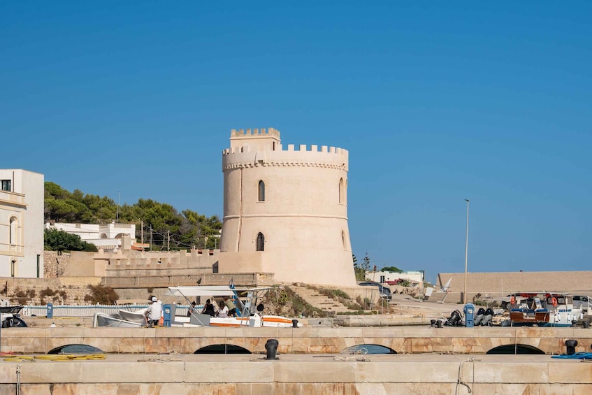A coastal town with a prominent tower, a marina with boats, and a clear blue sky. 1