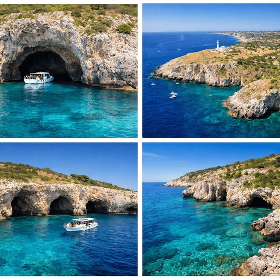 A rocky coastline with clear blue waters, a boat near a cave entrance, and a lighthouse in the distance. 2