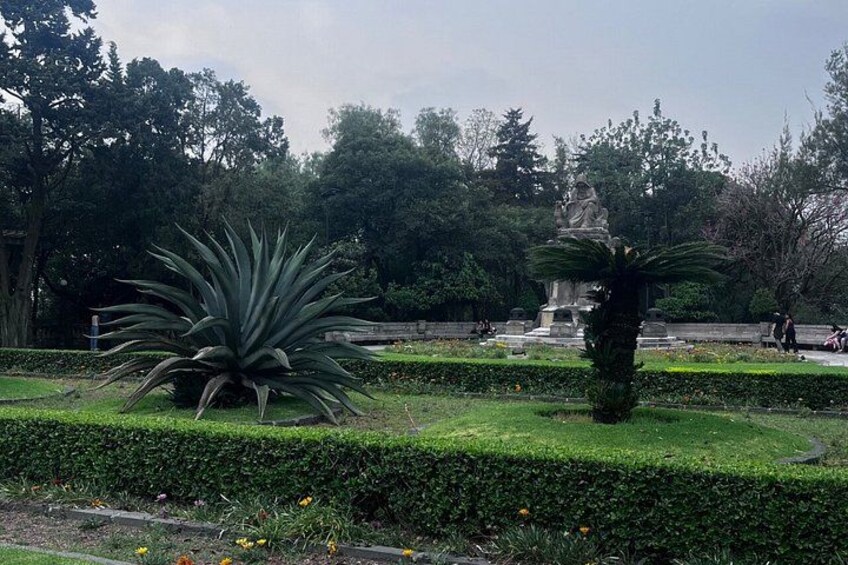A park with manicured hedges, a large agave plant, and a statue in the background. 2