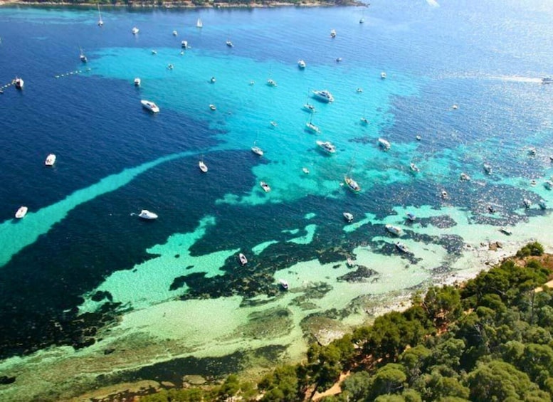 A coastal area with clear turquoise waters, boats, and dense green vegetation. 3
