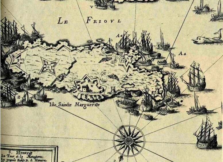A historical map of Le Frioul with ships, a compass rose, and the Sainte Marguerite island. 2