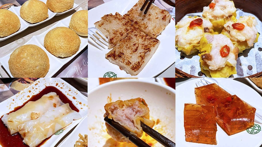 Various food items including fried dough, grilled meat, and a dessert with a red sauce. 4