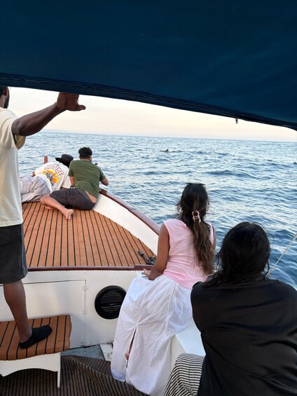 A boat with people on deck, a person standing, and a shark in the water. 5