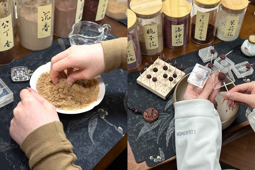 Hands mixing a powdery substance on a plate, with jars labeled in a foreign script in the background. 4