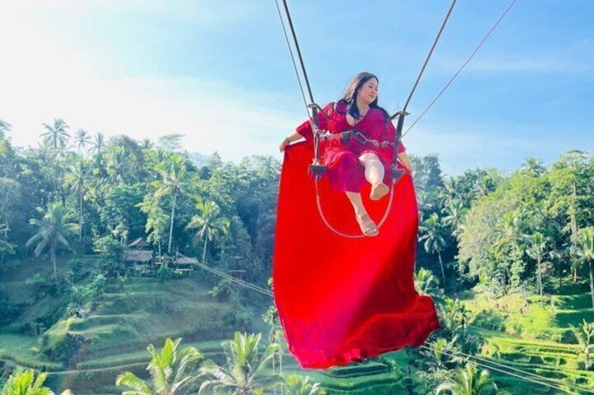 A person in a red dress suspended by ropes, with a lush green landscape and palm trees in the background. 5