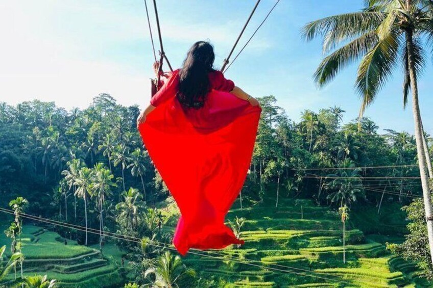 A person swinging on a rope swing with a red cloth, surrounded by lush green terraced fields and palm trees. 4