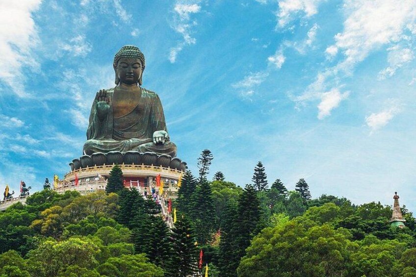 A large Buddha statue, lush green trees, and a pagoda in the background. 5
