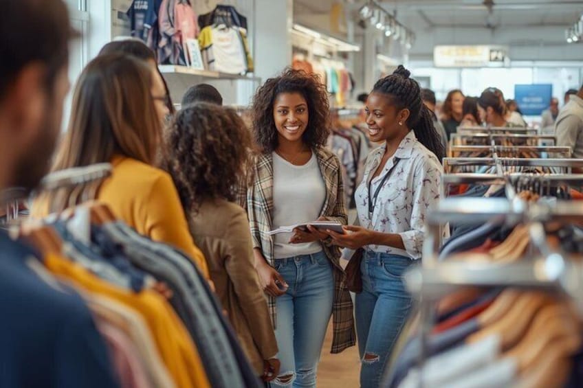 A clothing store with racks of clothes and people browsing. 2