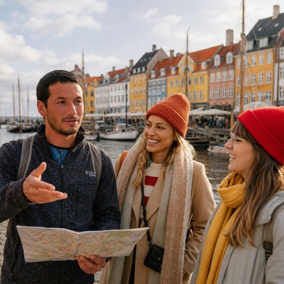 Three people examining a map in front of colorful buildings by a waterfront. 1
