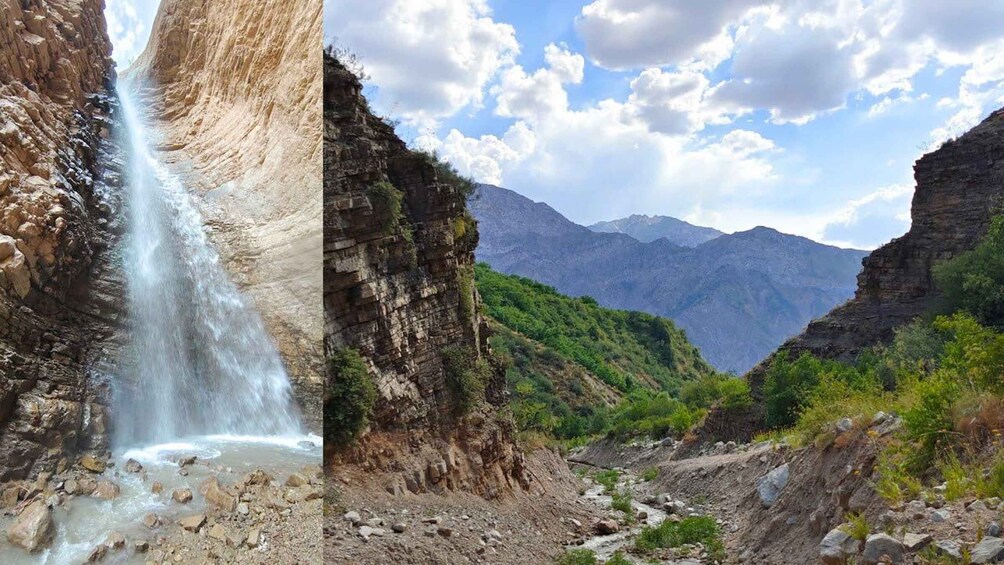 A waterfall, rocky terrain, and mountains. 4