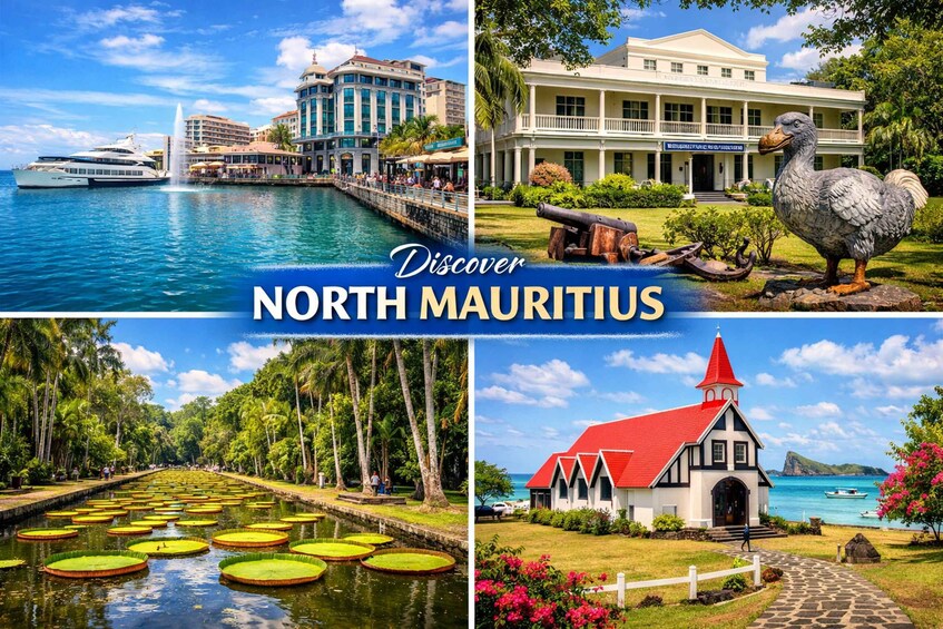 A cruise ship, a large bird statue, a water garden, and a church. 1