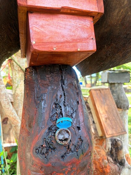 Une structure en bois, ornée d’un bouchon de bouteille bleu et d’un boulon en métal. 3