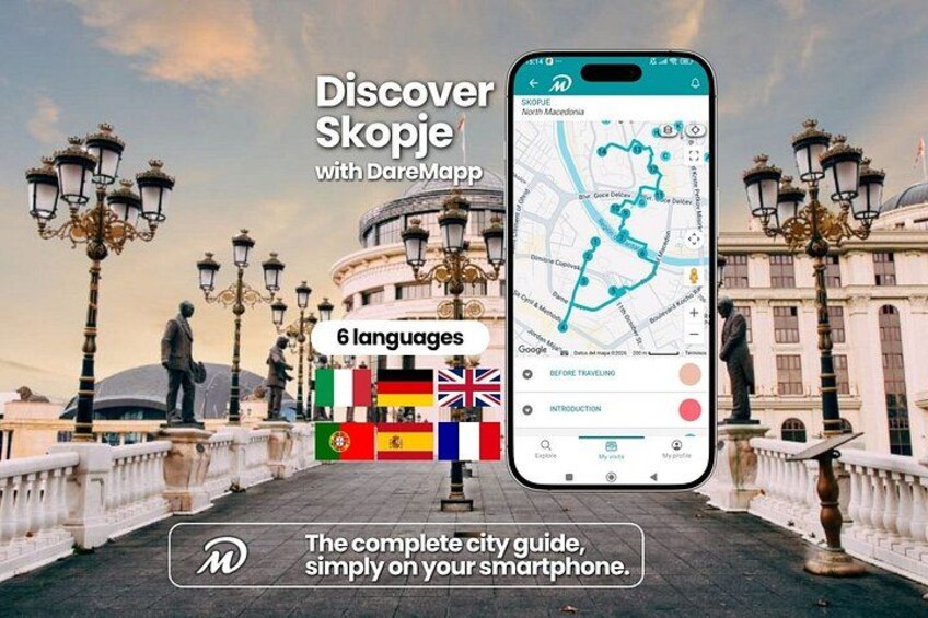 A smartphone displaying a map of Skopje with landmarks and a city guide interface. 1