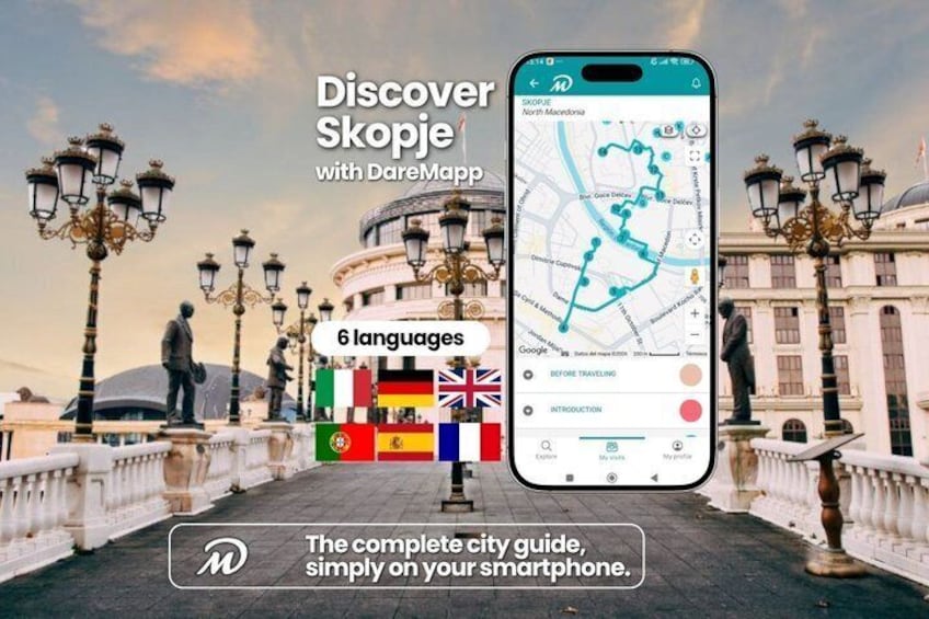 A smartphone displaying a map with the text 'Discover Skopje with DareMapp' and flags of 6 languages. 1