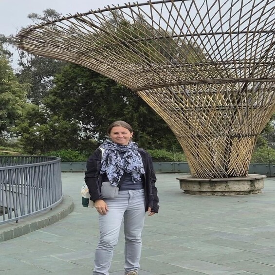A person standing in front of a large, geometric, bamboo-like structure. 4