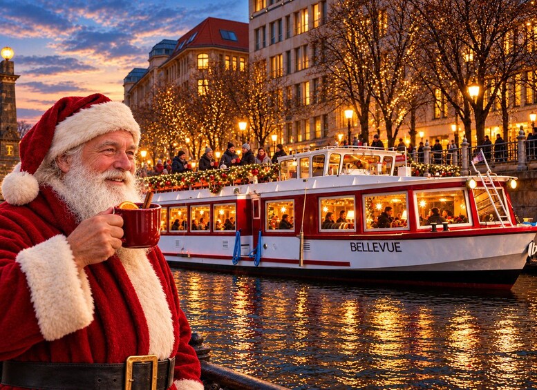 A person dressed as Santa Claus holding a mug, a boat named 'BELLEVUE' docked at a waterfront with buildings and trees in the background. 1
