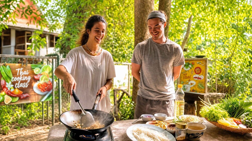 Two people cooking outdoors with a Thai cooking class sign in the background. 5