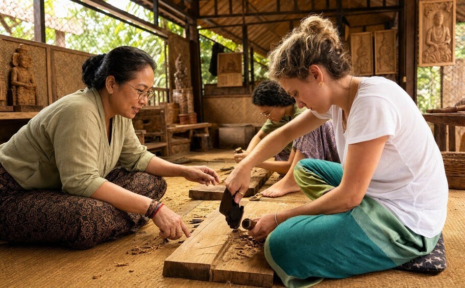 People carving wooden blocks in a traditional workshop with sculptures in the background. 3