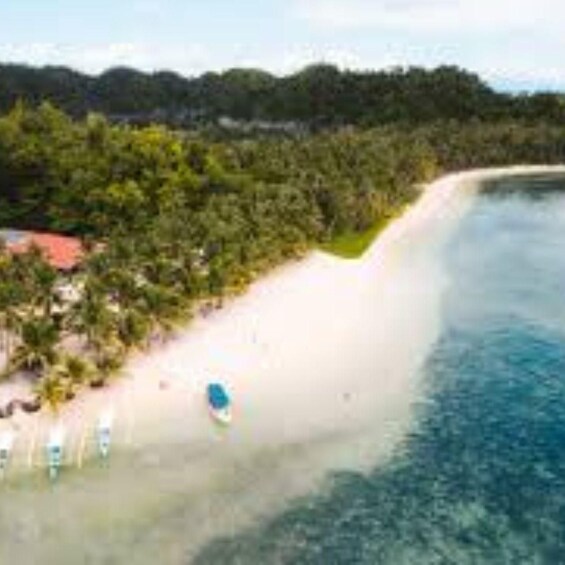 A beach with white sand, clear blue water, and lush greenery in the background. 3