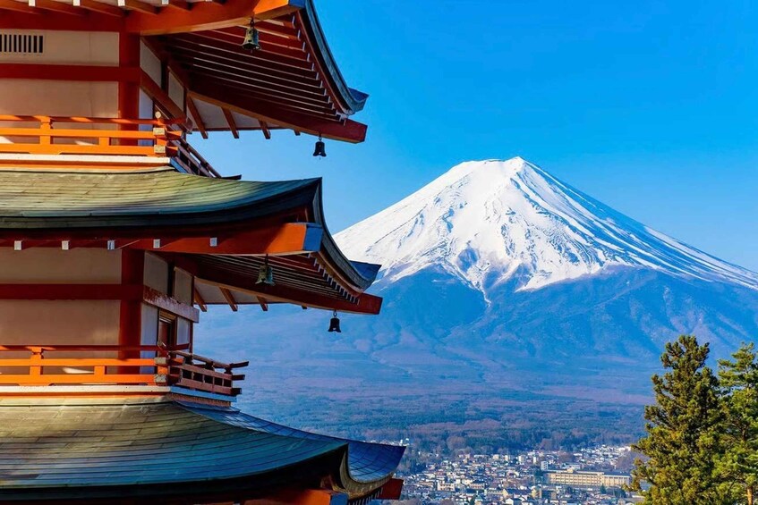A traditional Japanese pagoda with multiple tiers and a snow-capped mountain in the background. 4