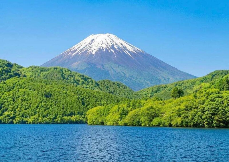 A snow-capped mountain, lush green forest, and a calm lake. 5
