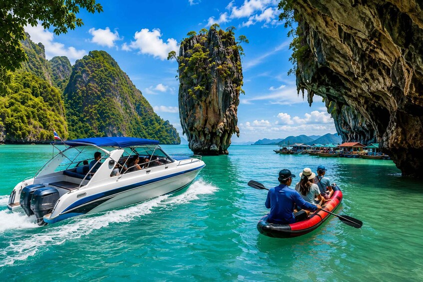A boat and a raft on turquoise water with a mountainous backdrop. 1