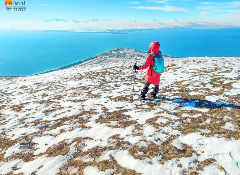 Un excursionista con chaqueta roja y mochila azul en una montaña nevada, con vista despejada del océano. 3