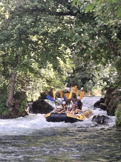 A group of people rafting down a river surrounded by dense greenery. 1