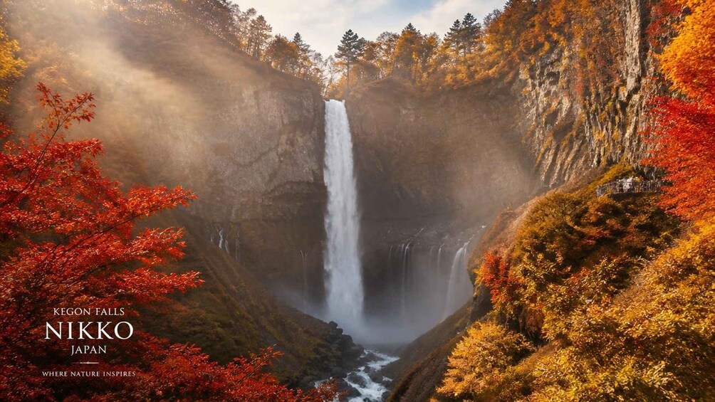 A waterfall in a forested area with autumn foliage. 1