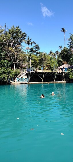 A clear turquoise pool with people swimming, surrounded by lush greenery and a wooden deck. 4