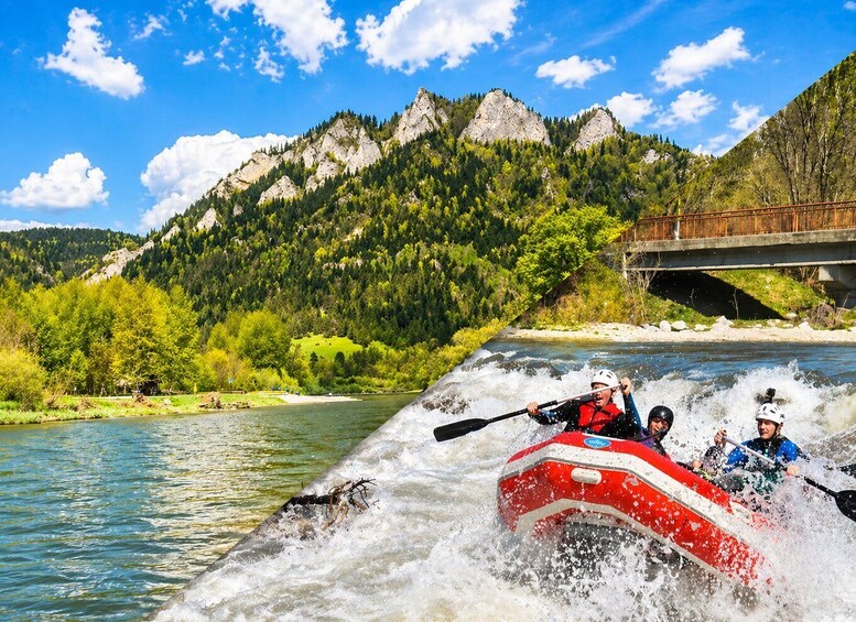 A white water rafting trip with a river, mountains, and a bridge in the background. 1