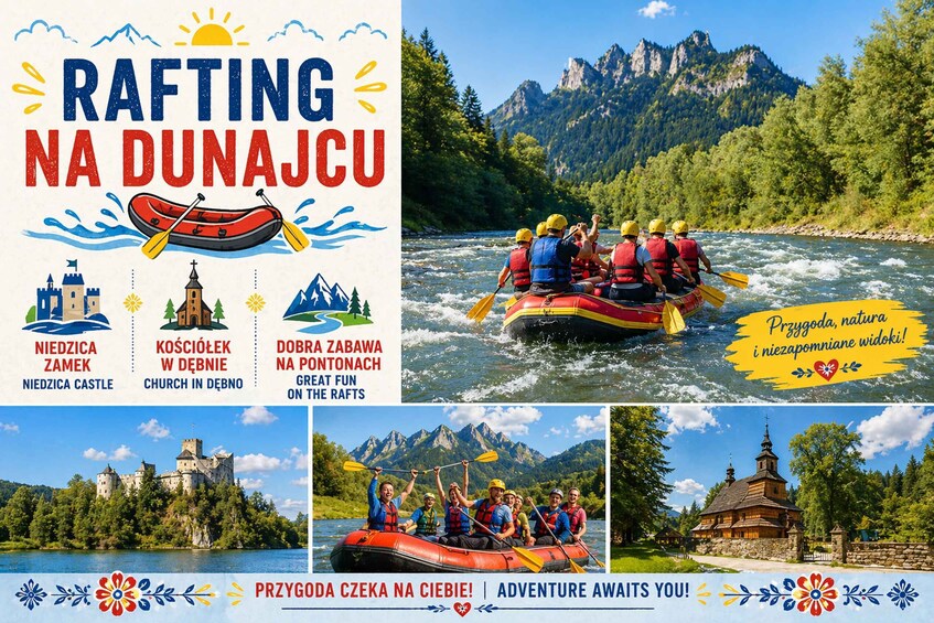 Rafting on a river with a castle, church, and forested mountains. 2