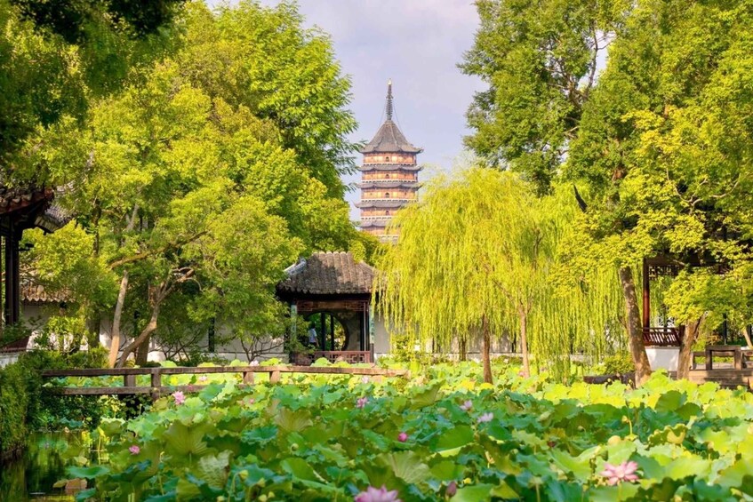 A traditional pagoda surrounded by lush greenery and lotus ponds. 2