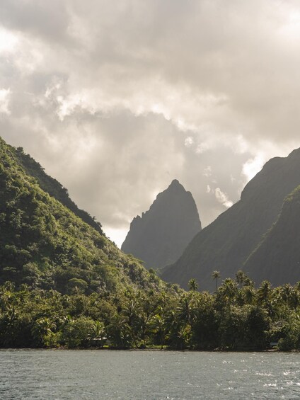 A mountainous landscape with dense greenery and a body of water in the foreground. 4
