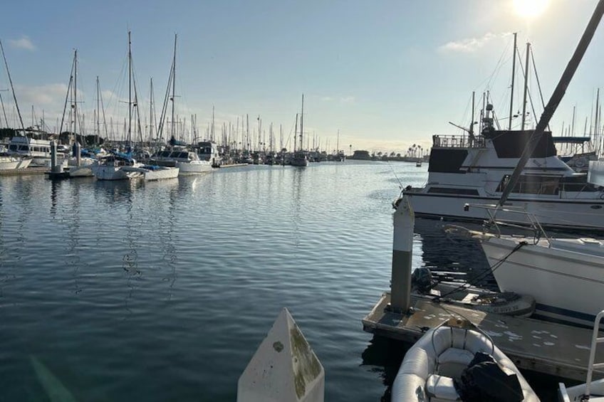 A marina with multiple sailboats docked, calm water, and a clear sky. 1