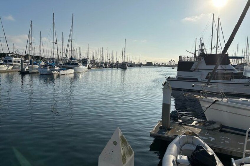 A marina with multiple sailboats docked, calm water, and a clear sky. 1