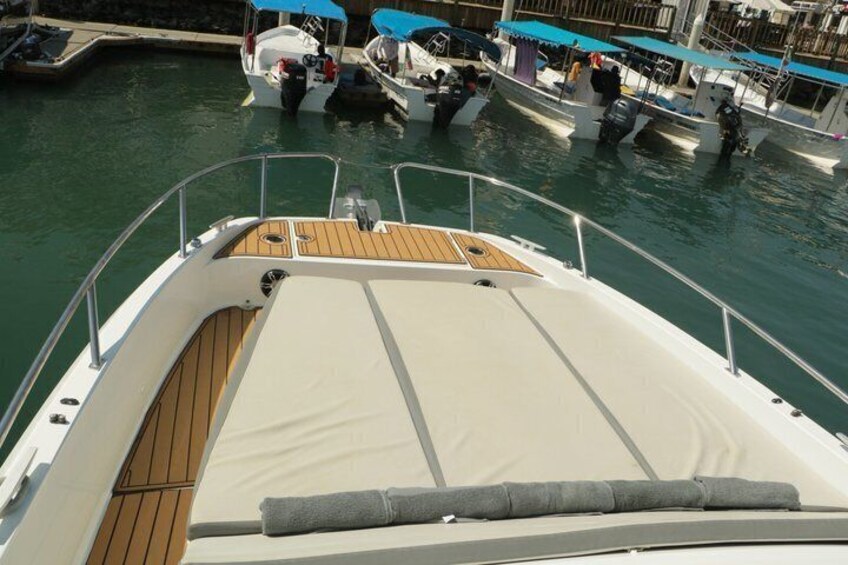 A boat docked at a marina with other boats, wooden deck, and a covered area. 2