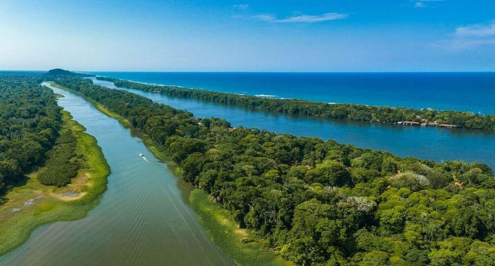 A river winding through dense forest, with a clear view of the coastline and a small boat on the water. 1