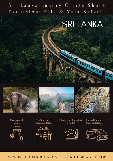 A train on a bridge, lush greenery, an elephant, a person in traditional attire, and a leopard. 1
