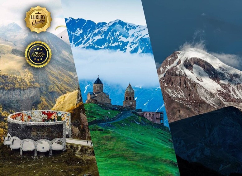 A luxury mountain resort with a hot tub, a church, and snow-capped peaks. 1