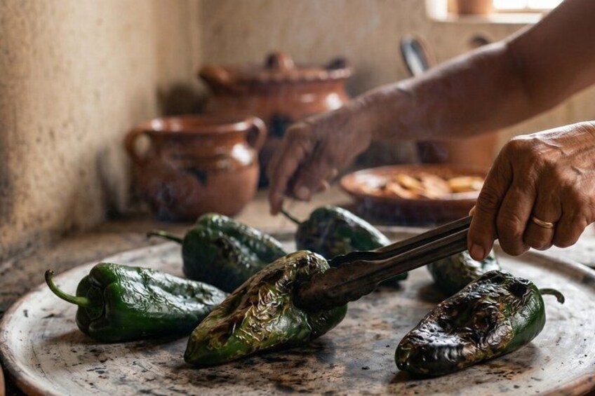A person grilling green peppers on a stove. 3